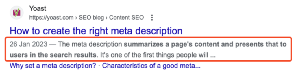 Shows how the meta description appears in Google search results