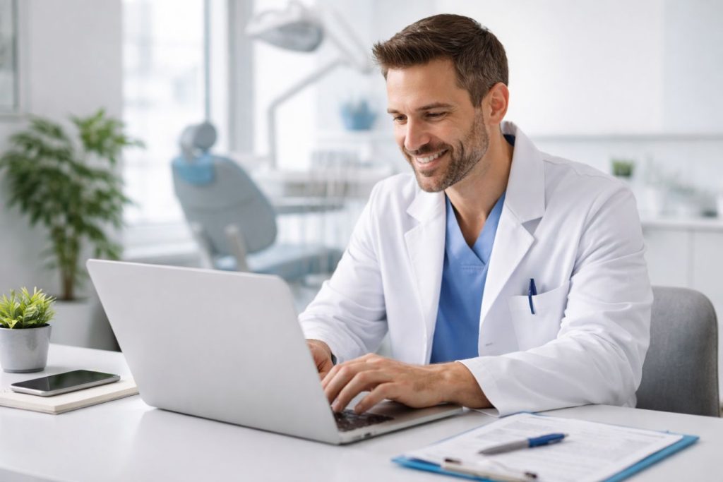 Dentist working on a laptop in his office